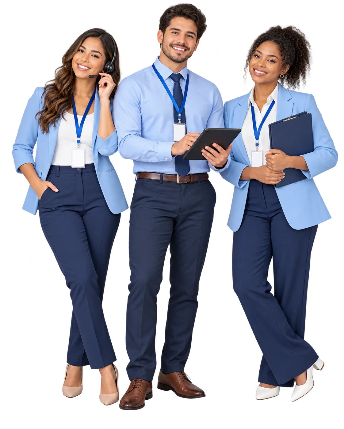 Equipe de atendimento e gestão com tablet e prancheta